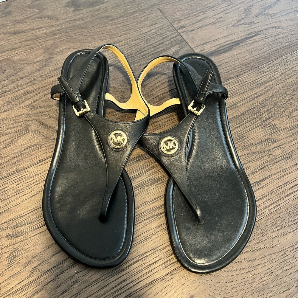 Michael Kors Black T-Strap Sandals with Gold Accents